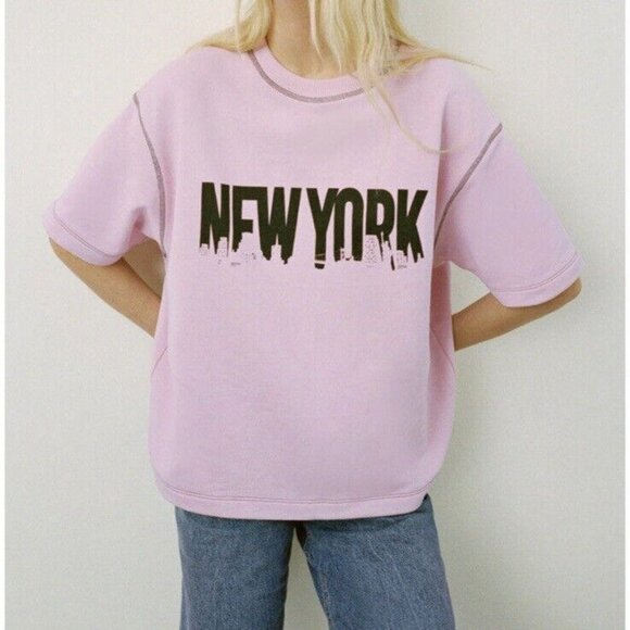 Zara Barbie Pink New York Graphic Sweatshirt Short Sleeve Contrast Stitching S - Picture 7 of 7